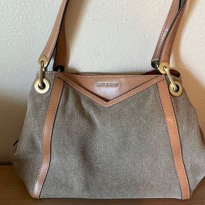 Michael Kors hobo style, canvas shoulder bag, with leather trim, brass hardware